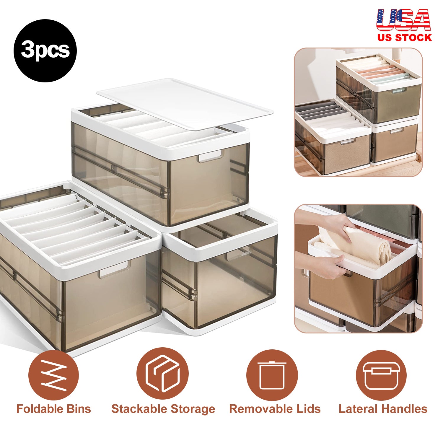 Collapsible Storage Bins with Lids (Set of 3) — Stackable Closet & Drawer Organizers